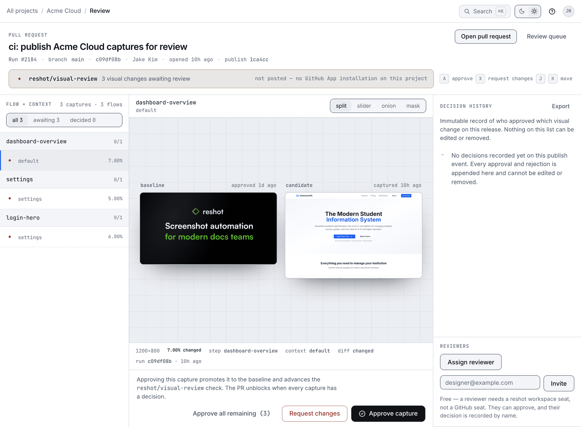 The Reshot review sheet open on a commit, listing each changed visual with how much of it changed and a link to its diff.