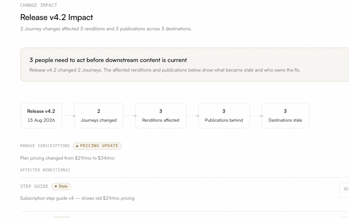 Reshot impact view showing a release change, affected renditions and publications, stale destinations, and assigned owners