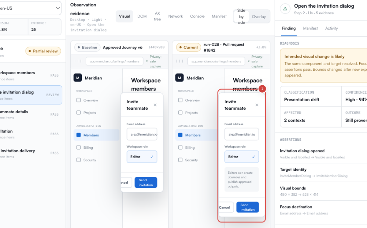 Run diagnosis panel distinguishing a visual change from the completed invitation outcome