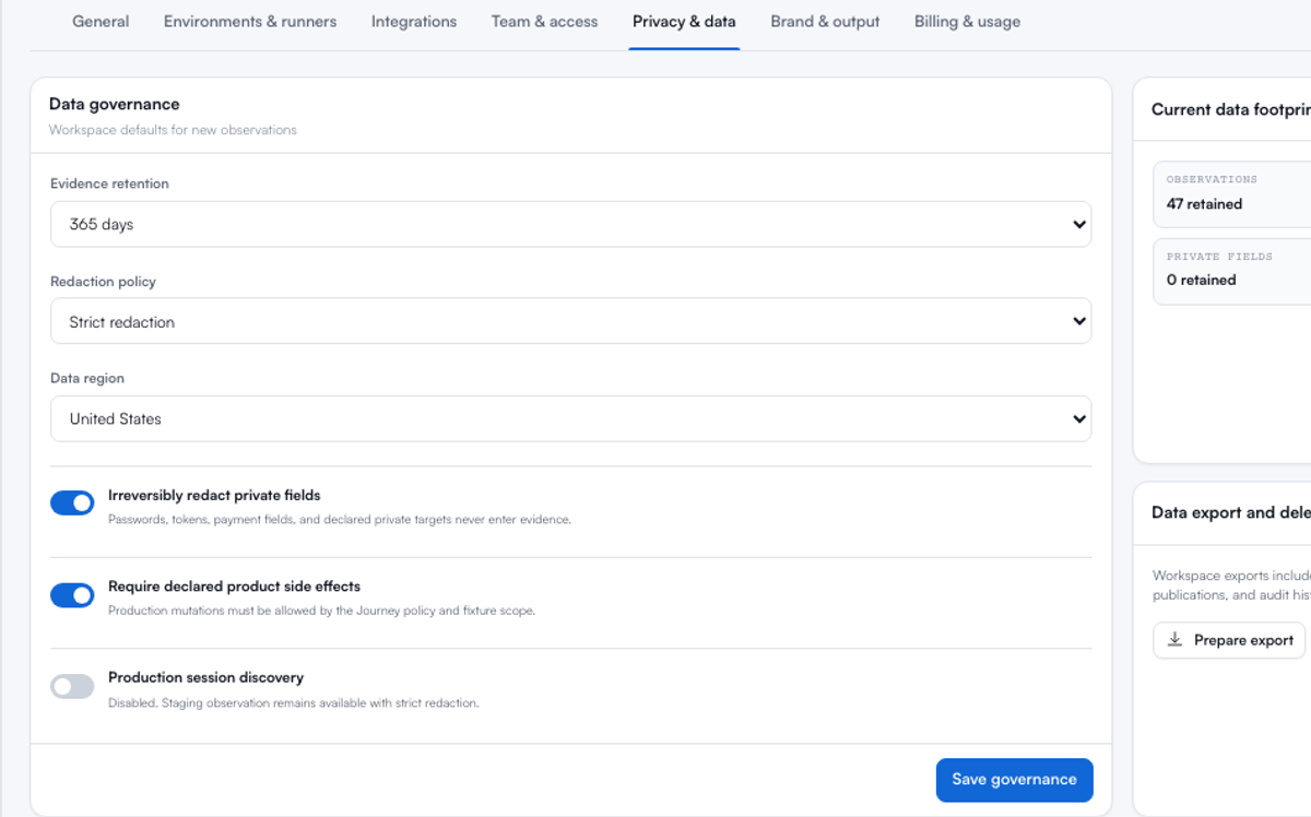 Reshot Settings showing current privacy, retention, access, and product-side-effect governance for a Journey workspace