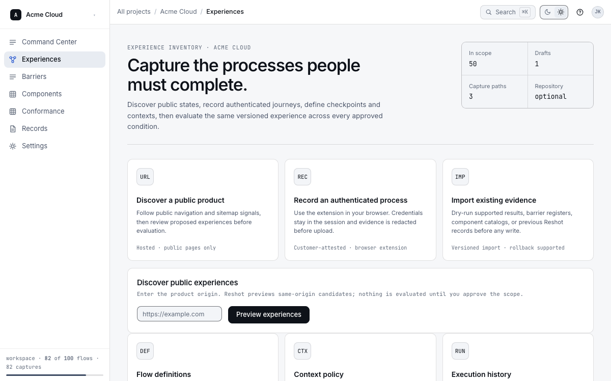 Experiences workspace with discovered journeys, checkpoints, and evaluation state